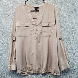 Lane Bryant Top Chiffon Roll Tab Sleeve V Neck Pockets Elastic Bottom 22/24